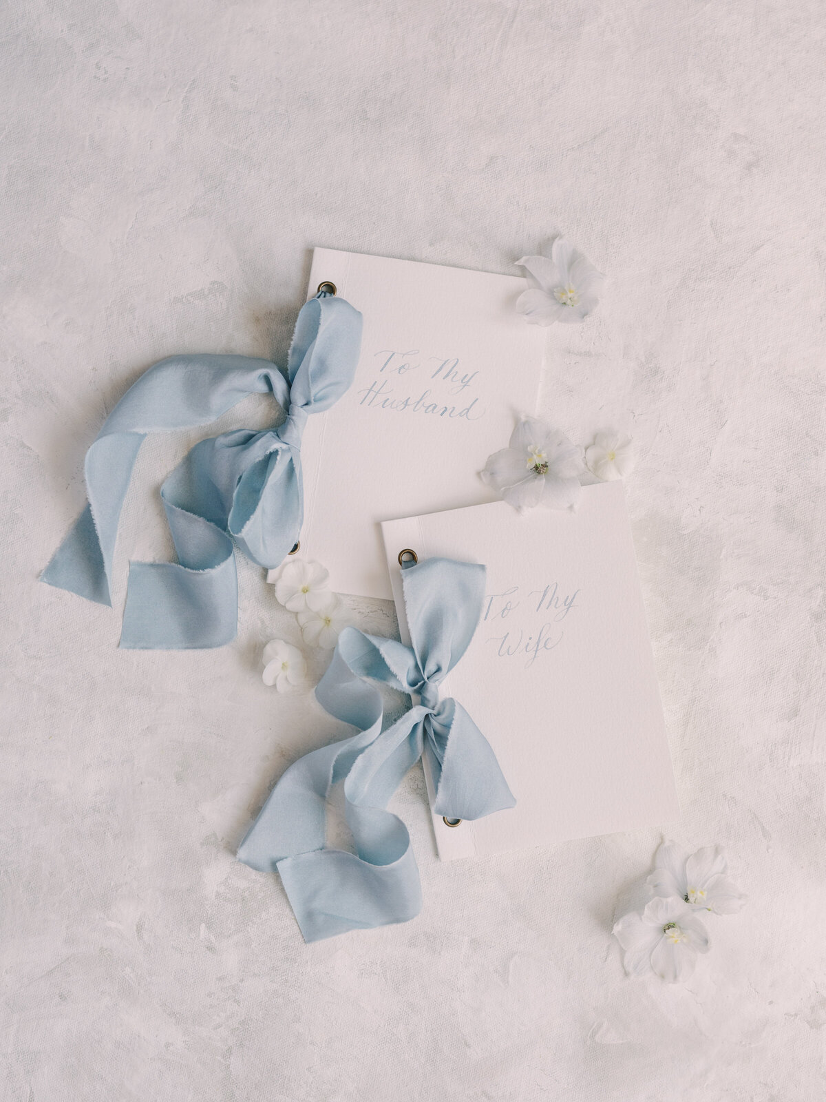 Custom Voew Books tied together with dusty blue satin ribbon