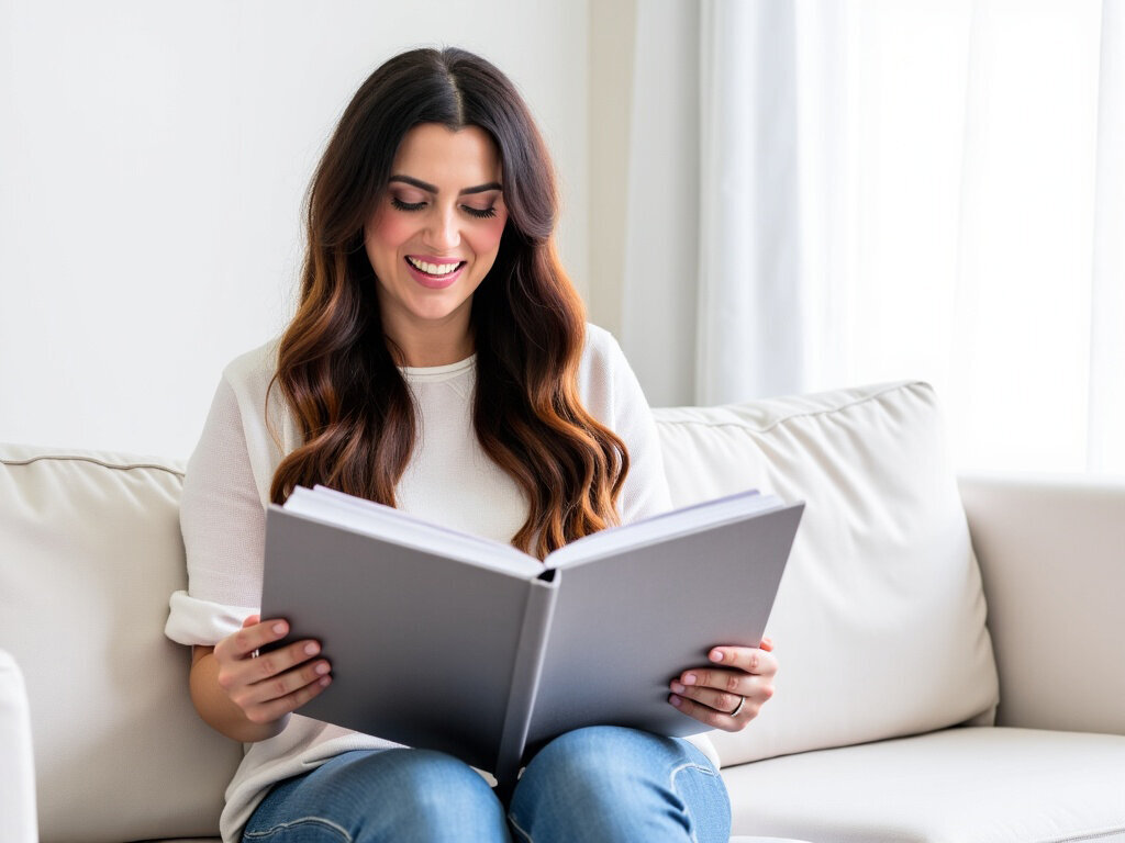 MIssy Mayo sits on a white sofa and looks at a photography album. 