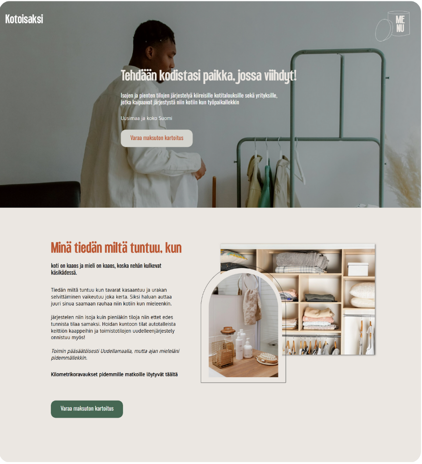 verkkosivusto jossa näkyy ammattijärjeställe suunnittelemani etusivu