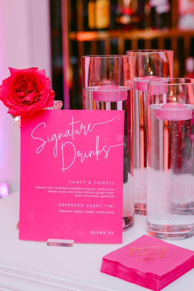 pink-party-birthday-thirty-stationery-signature-drink-sign-floating-candles-cocktail-napkins