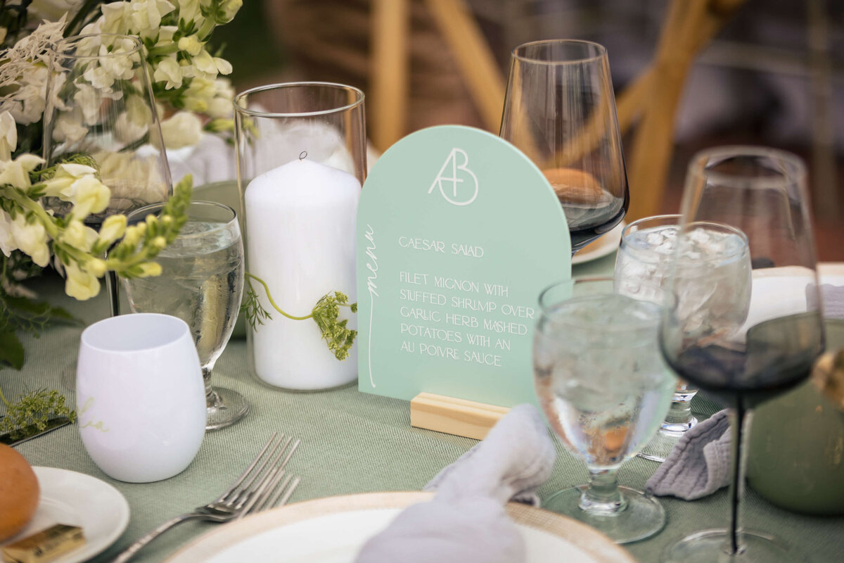 Wedding Reception Light Green  Menu Table Decor
