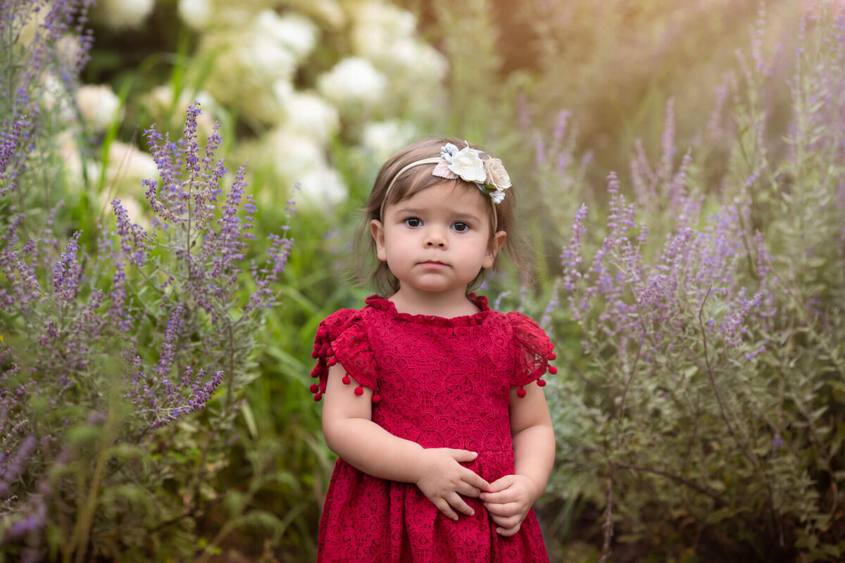 Two year birthday session of a little girl in a red dress with a flowered bow standing in purple and white flowers in Leominster MA