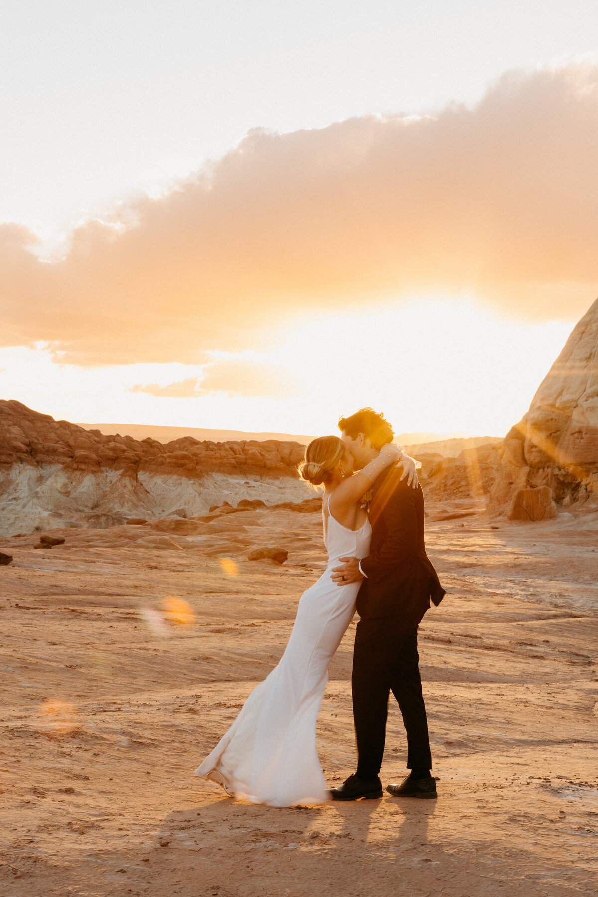 Wedding couple laughing in the Arizona desert