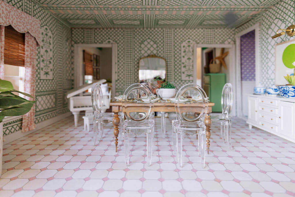oyster creek studios petite palm beach dollhouse pink and white tiled floor with wooden table with white piano
