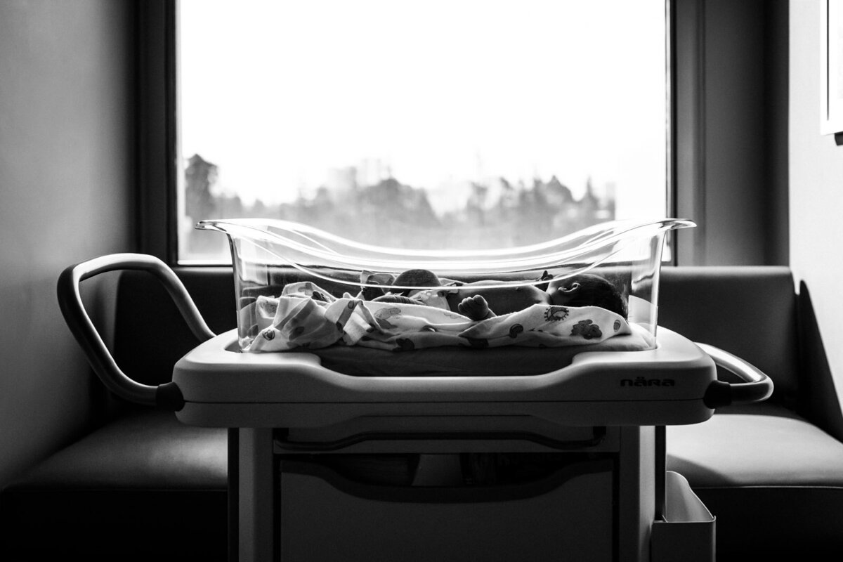 newborn laying in hospital bassinet in front of window and couch