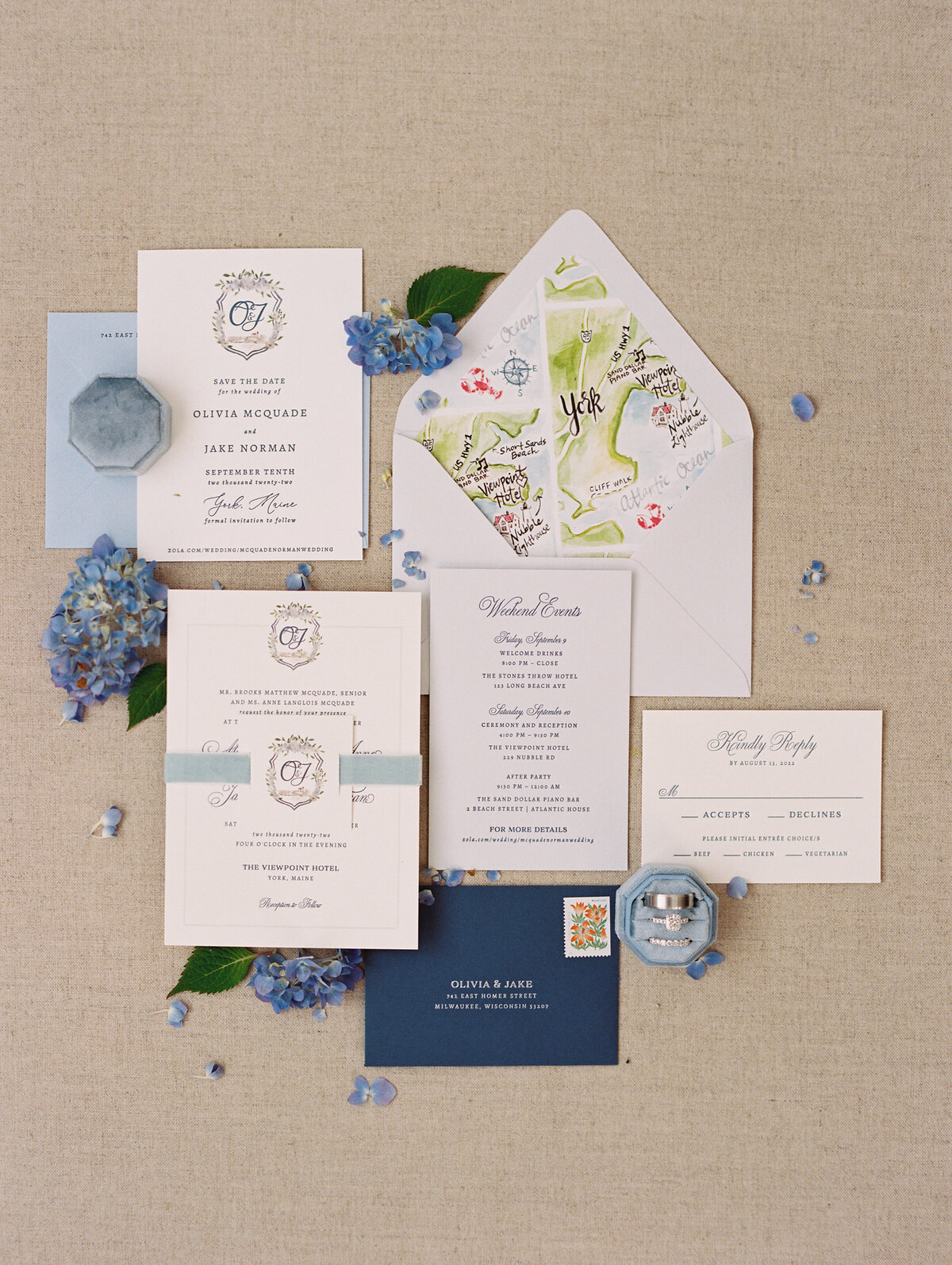 invitation suite flatlay for Maine wedding