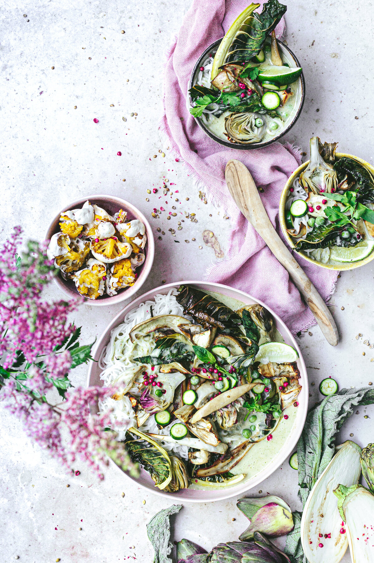 pink-and-green-food-styling-thai-curry-spring-flowers