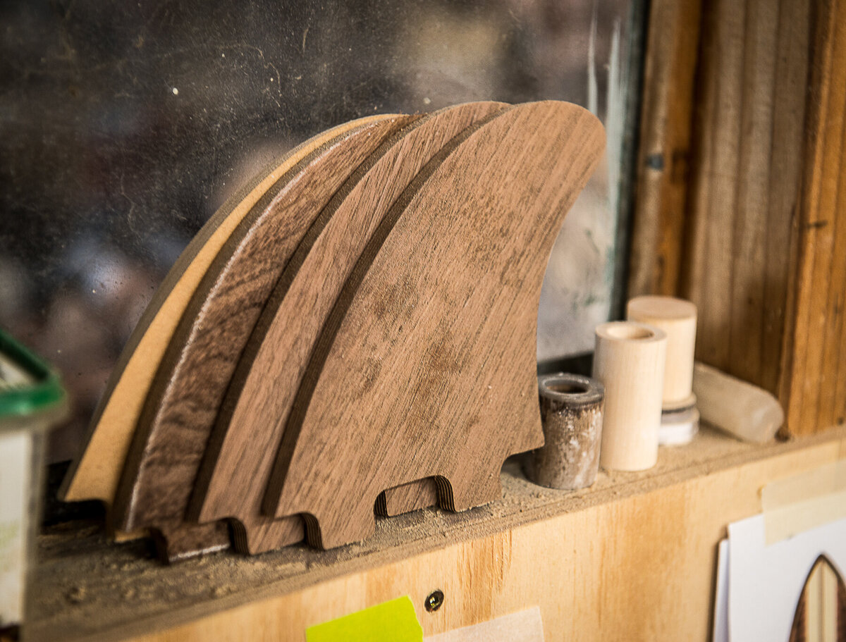 Wooden fins in production at RedLeaf  workshop