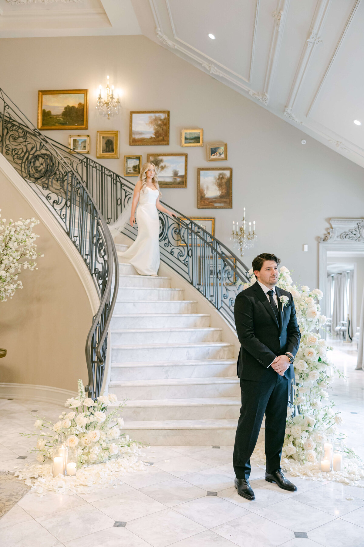 bride and groom first look on steps at park chateau