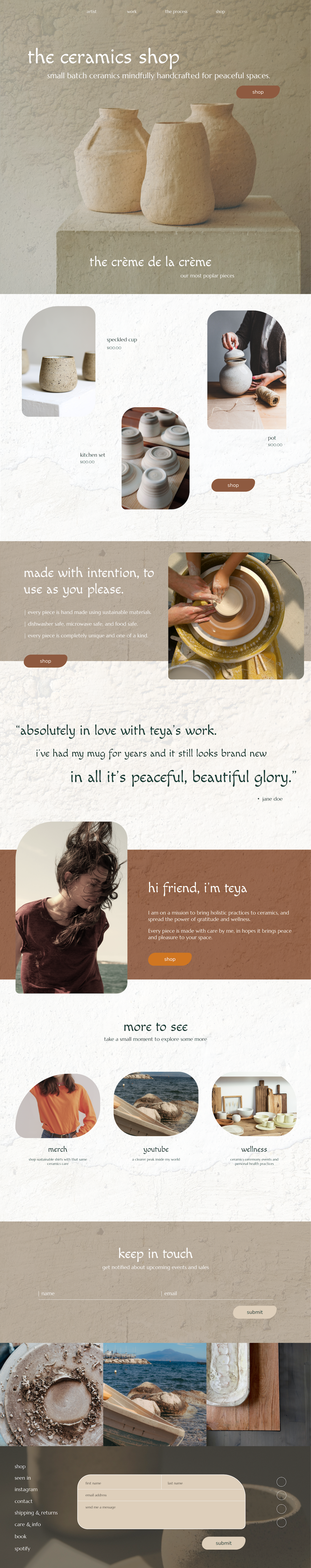 homepage website design with ceramic photos and text