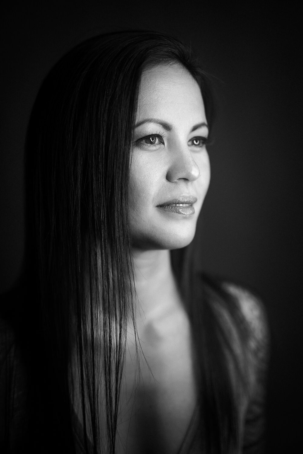 Black and white portrait with a classic, cinematic feel
