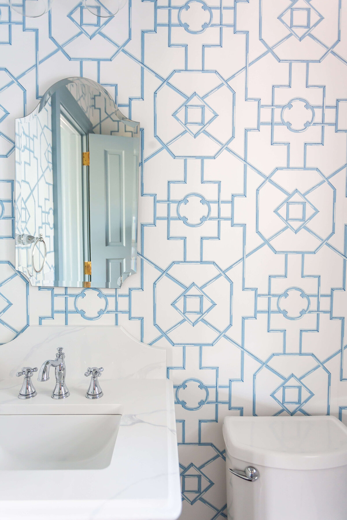 sweet southern home post project light blue art deco wallpaper in bathroom