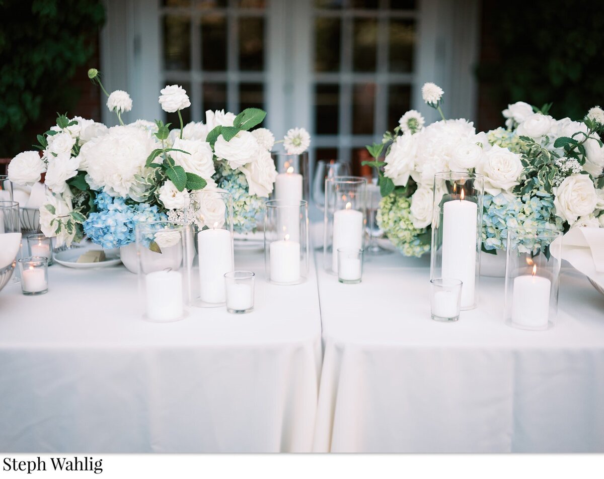 hydrangea, pillar candles, white, blue, head table, outdoors