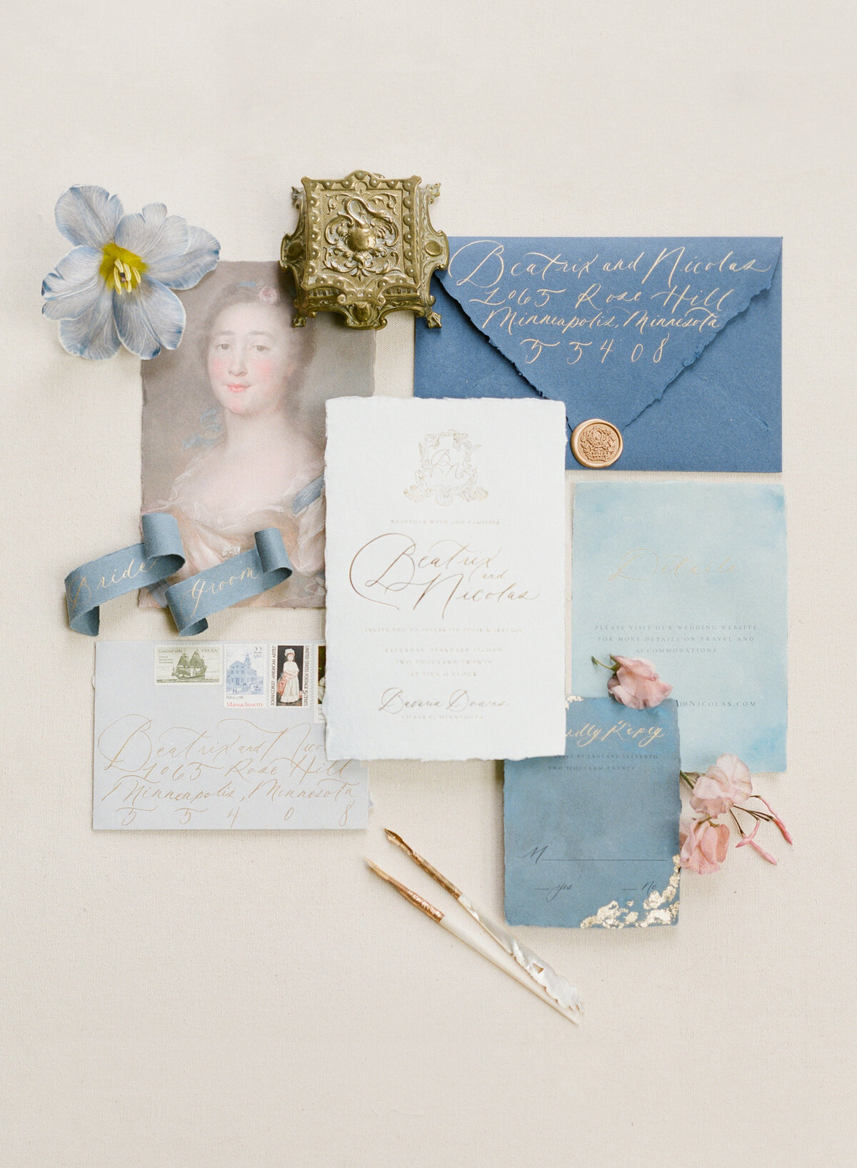 blue tulip, studio fleurette, romantic wedding invitation suite, st. paul mn florist