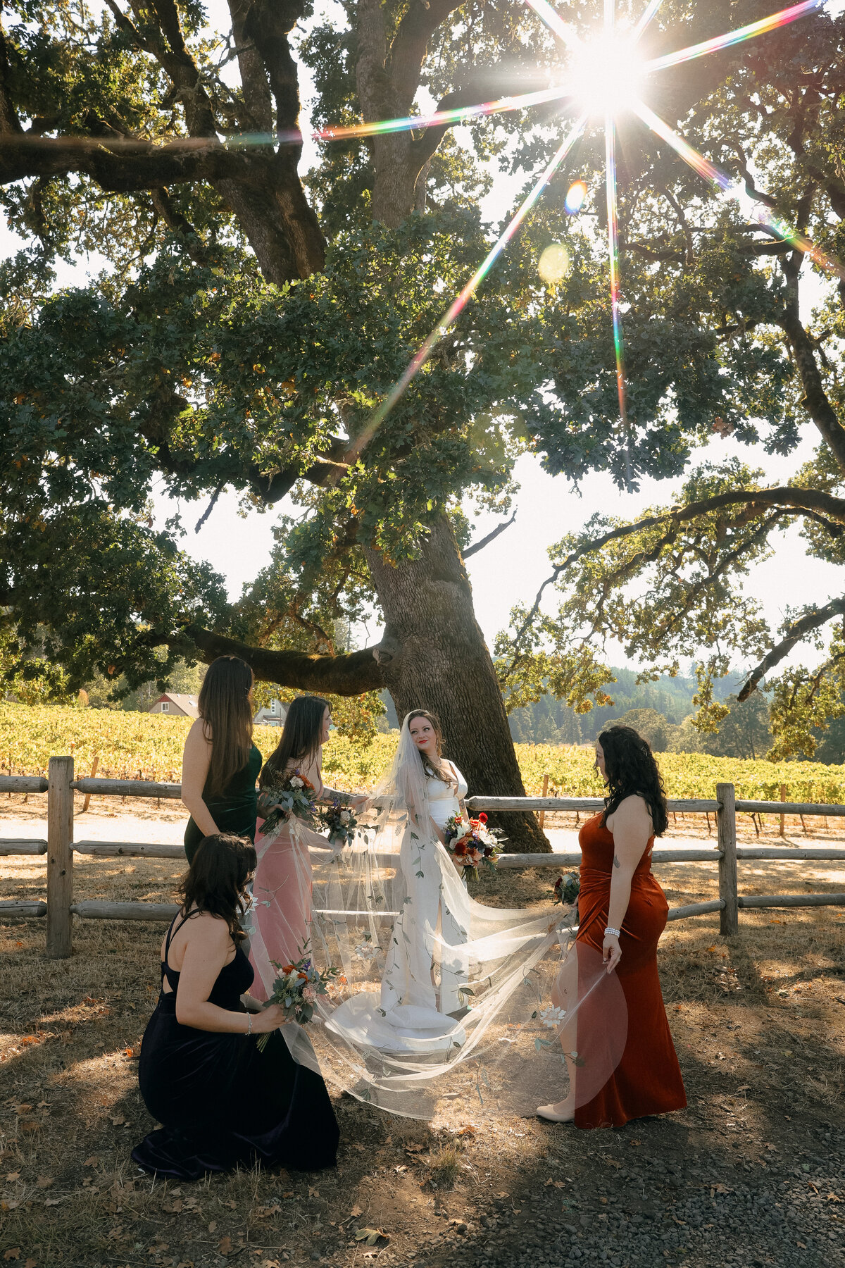 Bride and Bridesmaids Under the Oak Tree at Oregon Vineyard Wedding | MB Captured Moment