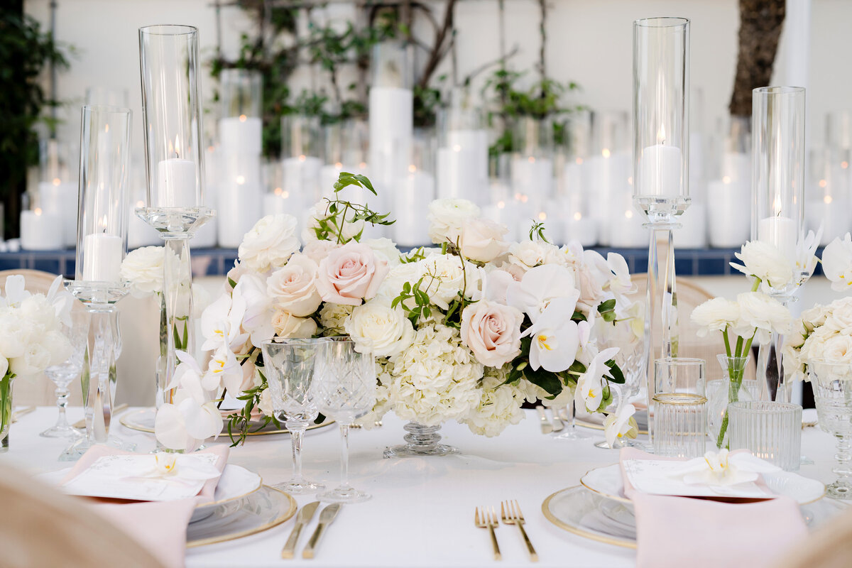 Beverly Hills wedding with all white flowers and a tented wedding reception