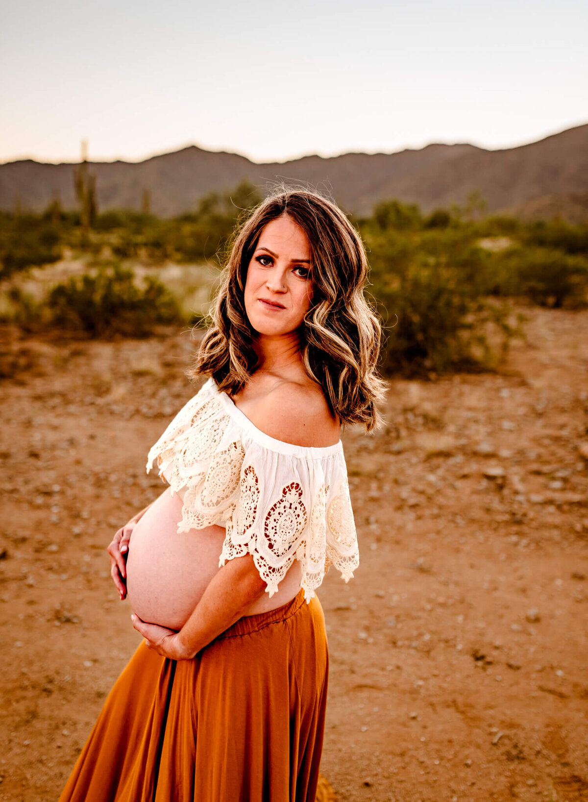 AZ maternity session with boho desert gown by Cactus & Pine Photographer