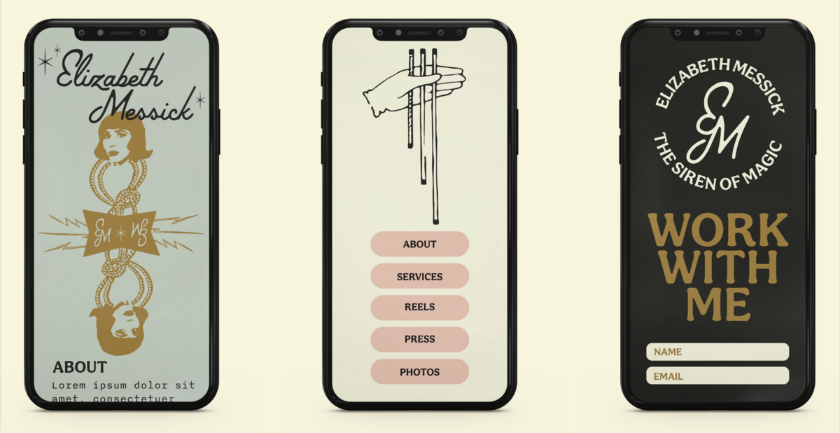 mobile website mockup three screens for elizabeth messick the siren of magic