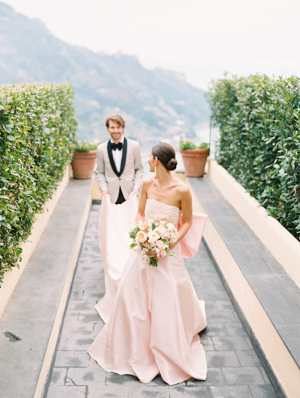 Bride and groom at Belmond Hotel Caruso destination wedding in Ravello Amalfi Coast Italy