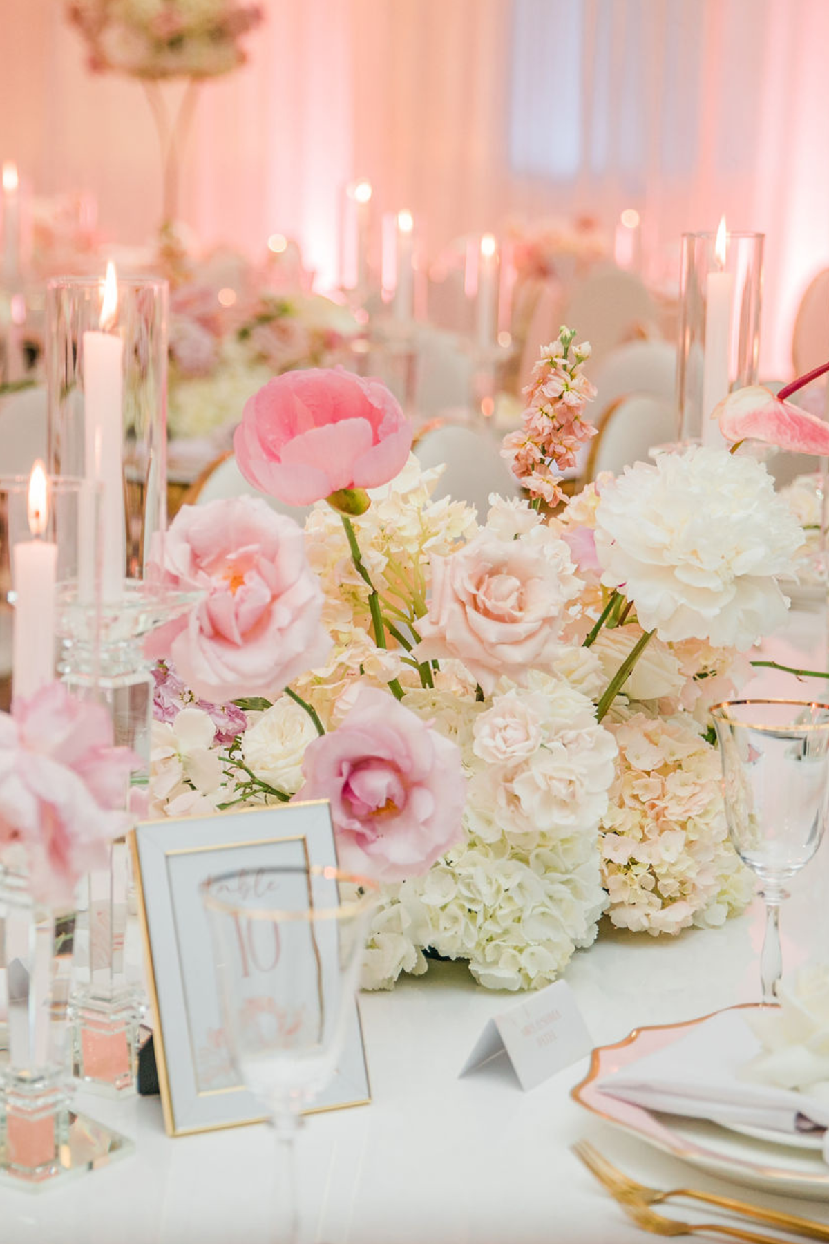 pink-peach-gold-ivory-engagement-party-hydrangea-rose-centerpiece-crystal