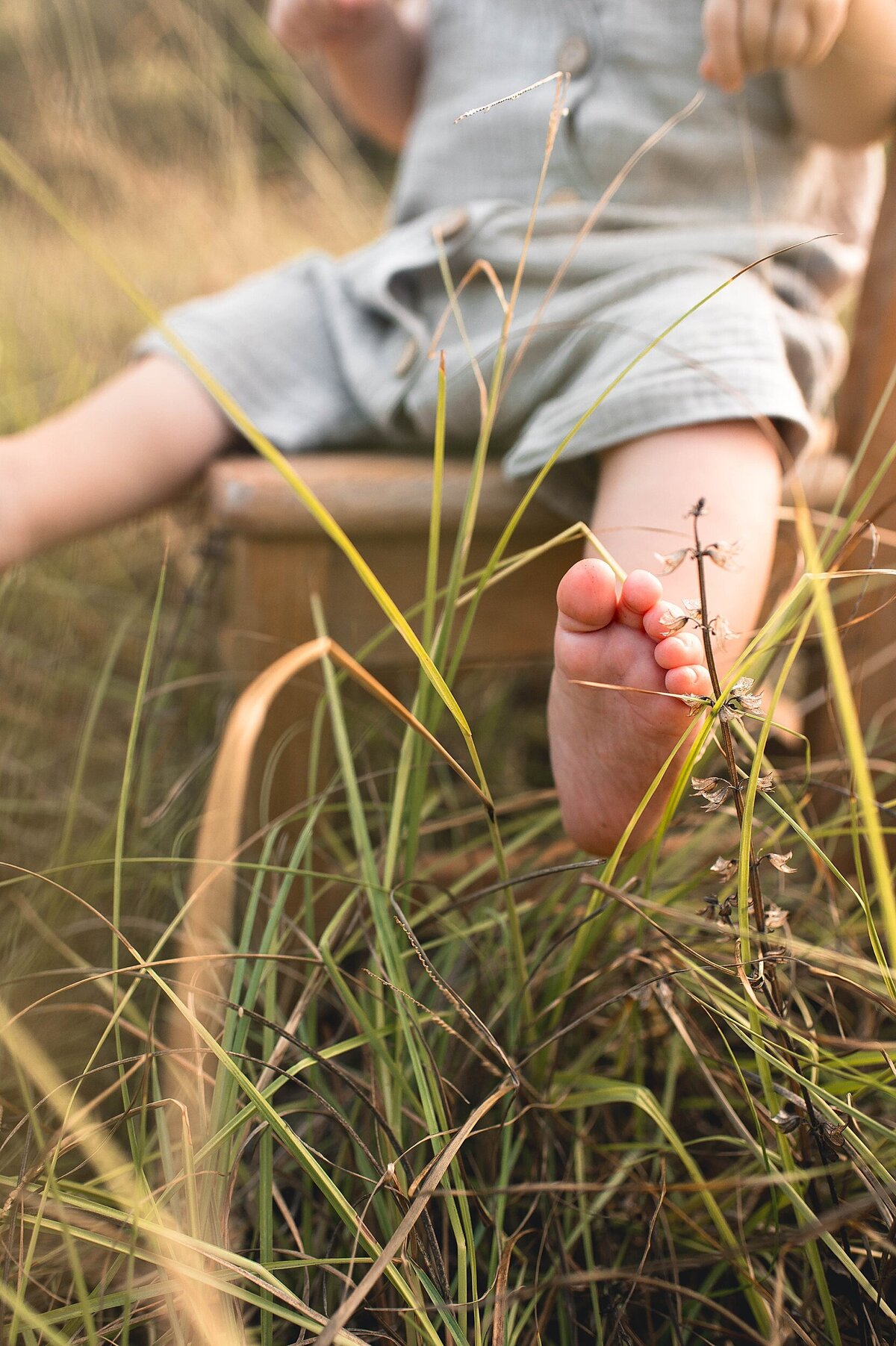 toddler boy foot with field grasses by Cypress Family Photographer