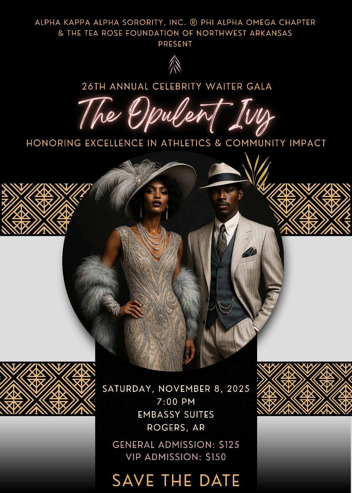 save the date for celebrity waiter, saturday oct 28, 2023, 7pm black tie affair at the embassy suits in Rogers, ar