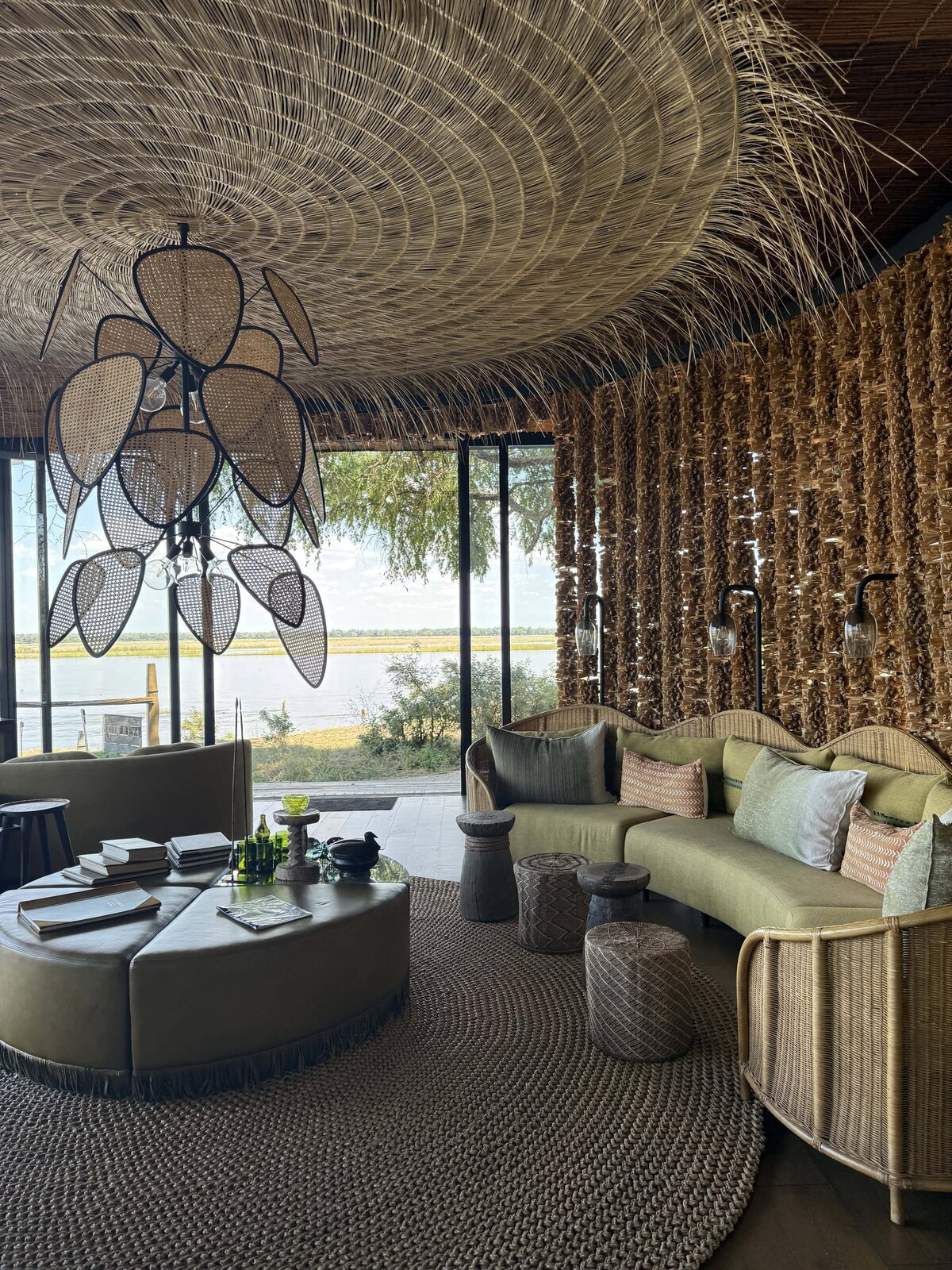 sitting room with woven chandelier 