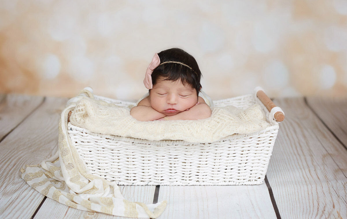 Baby girl sleeping in crate at home photo session in Okotoks Alberta