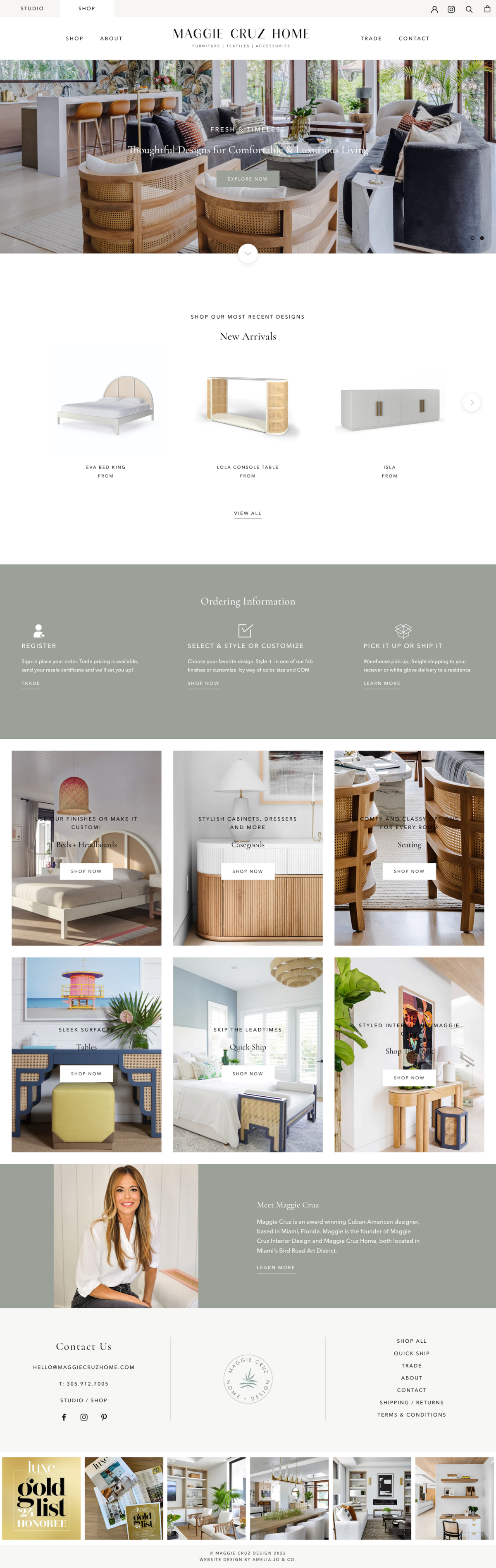 Homepage website design for Maggie Cruz Home featuring luxurious, modern furniture with Cuban influence