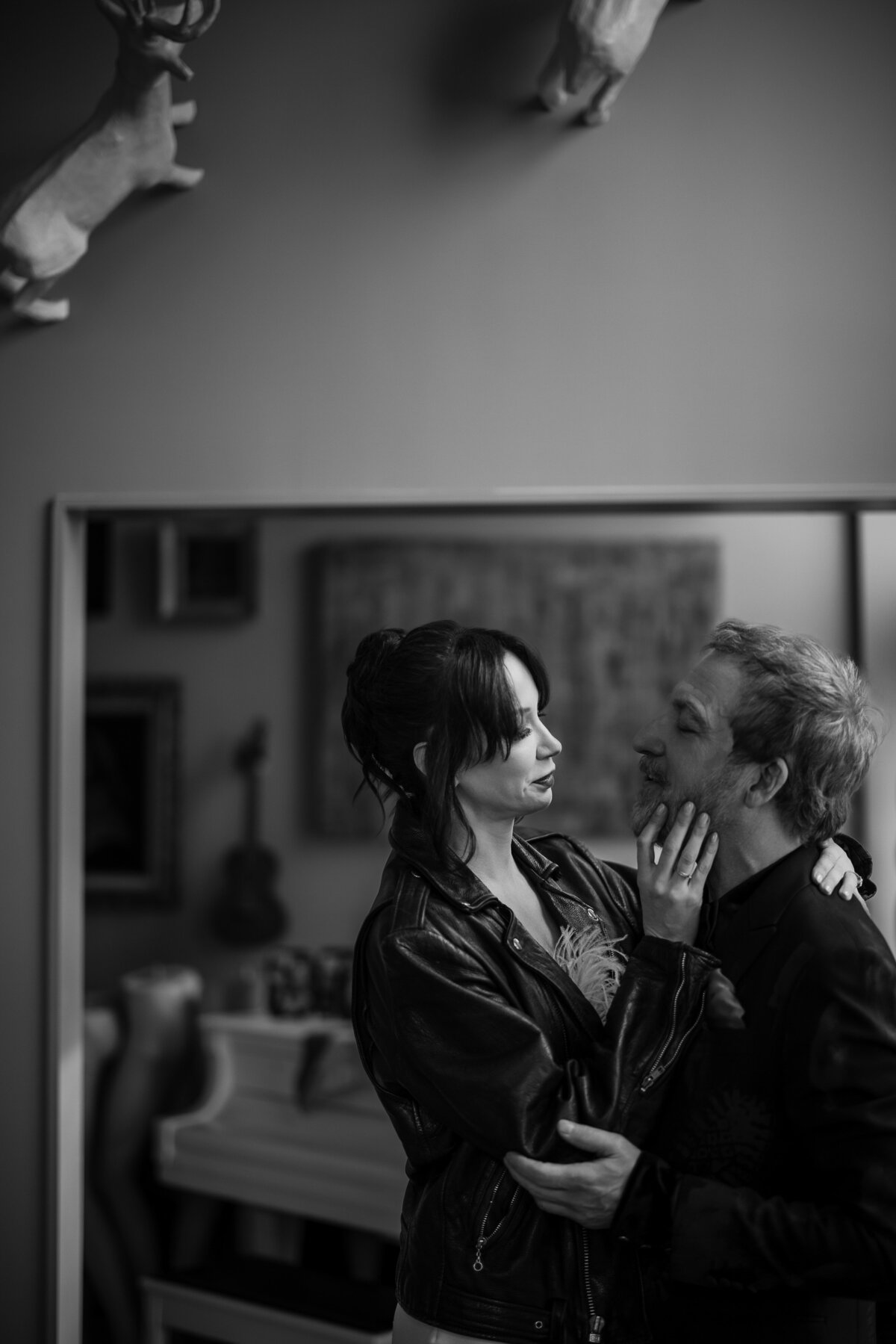 A bride and groom get ready together for their wedding day in Manhattan