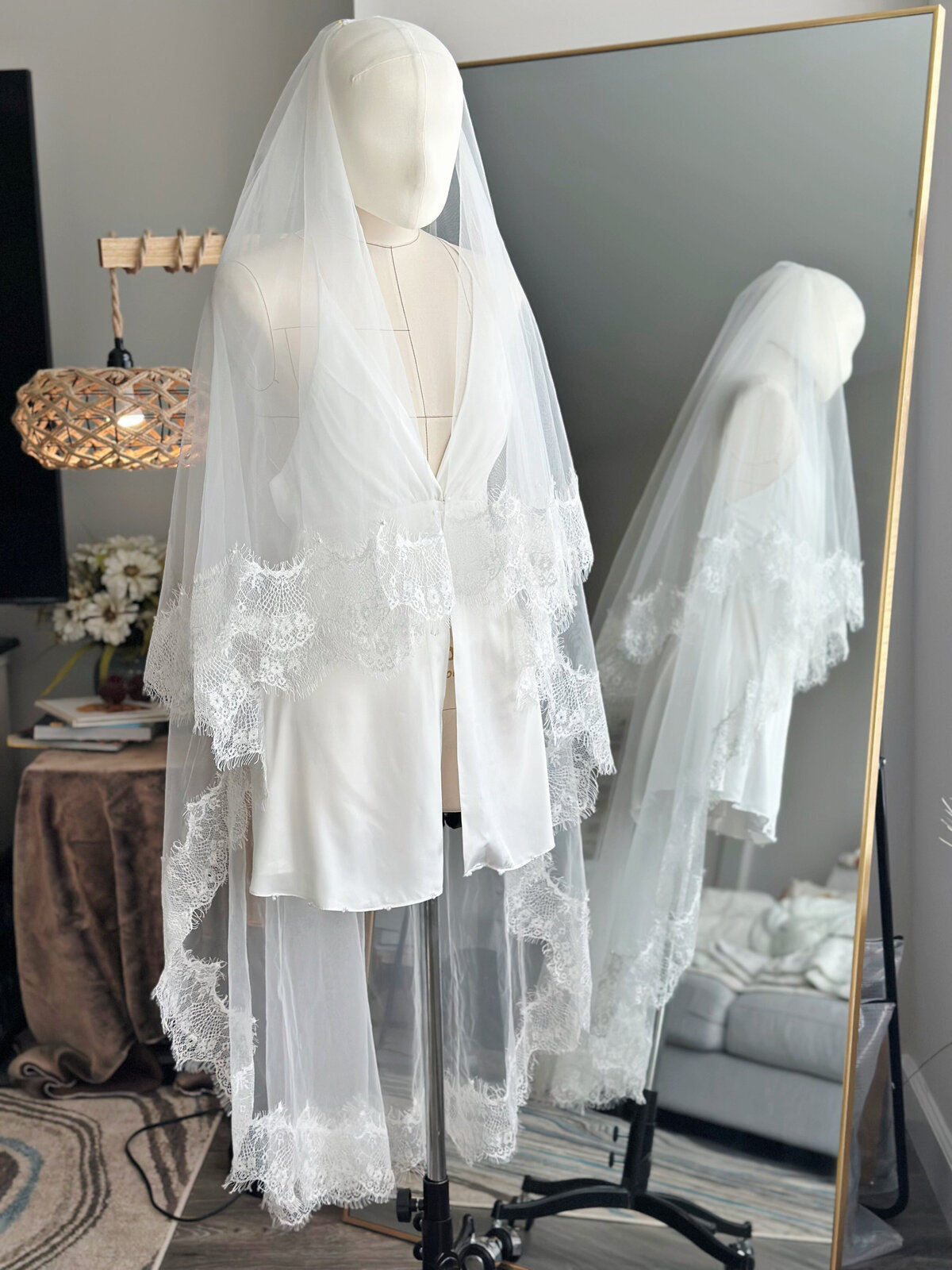 Close-up of embroidered lace pattern on blusher veil edge
