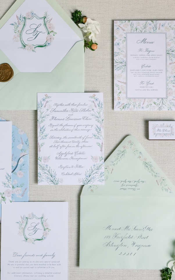 Watercolor wedding invitation suite with monogram