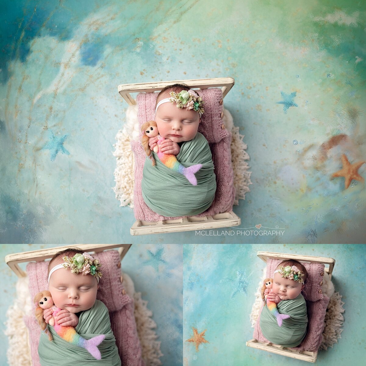 Underwater mermaid-themed newborn photo with baby girl posed in green wrap and sea-inspired props.