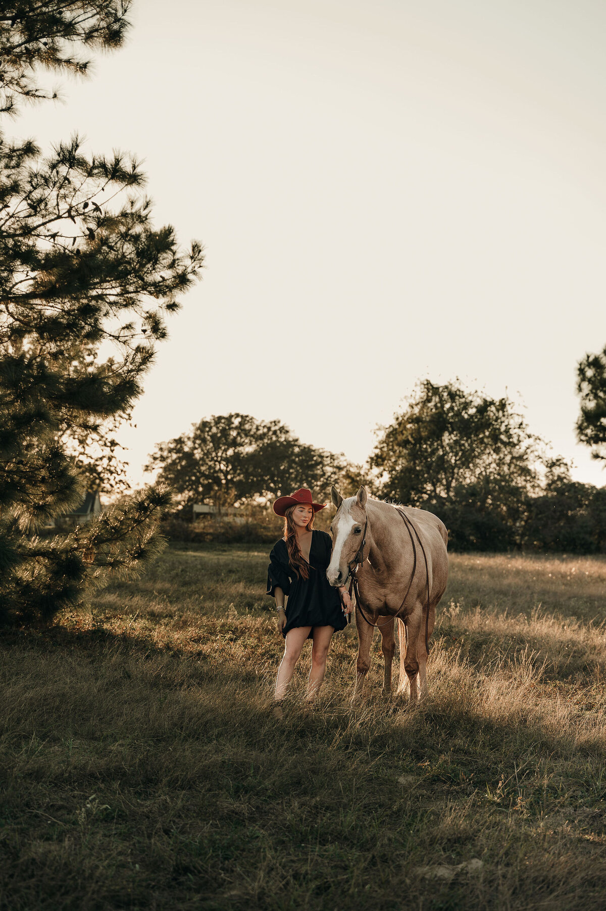 A woman in a red hat stands with a light brown horse in a sunlit field, surrounded by trees. The atmosphere is serene and pastoral.