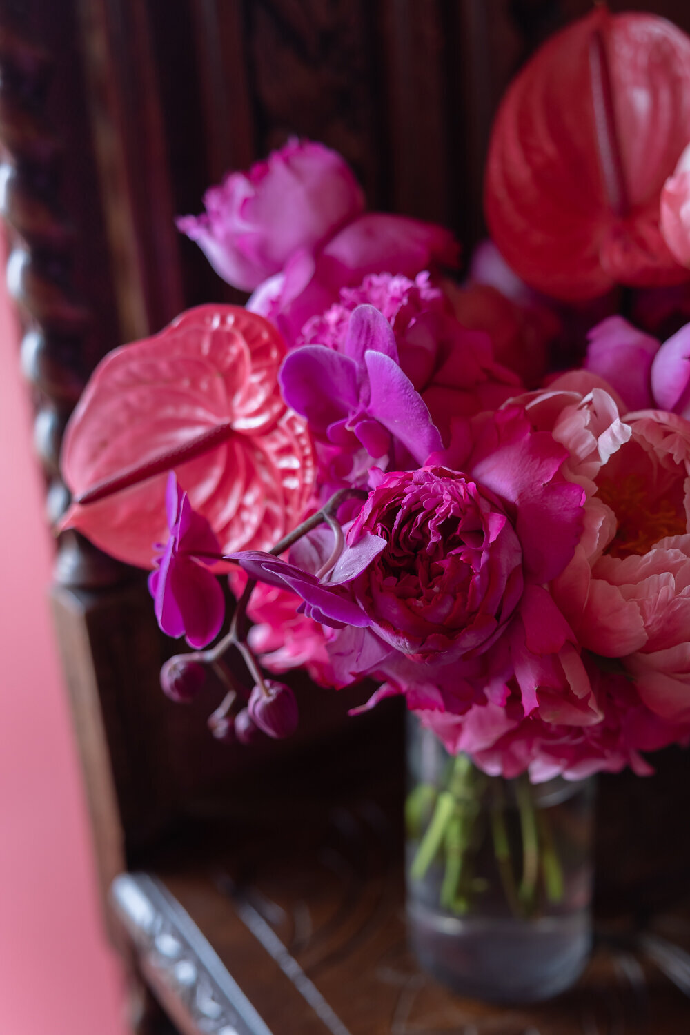 Madonna Inn wedding detail photos colorful pink flower bouquet in San Luis Obispo