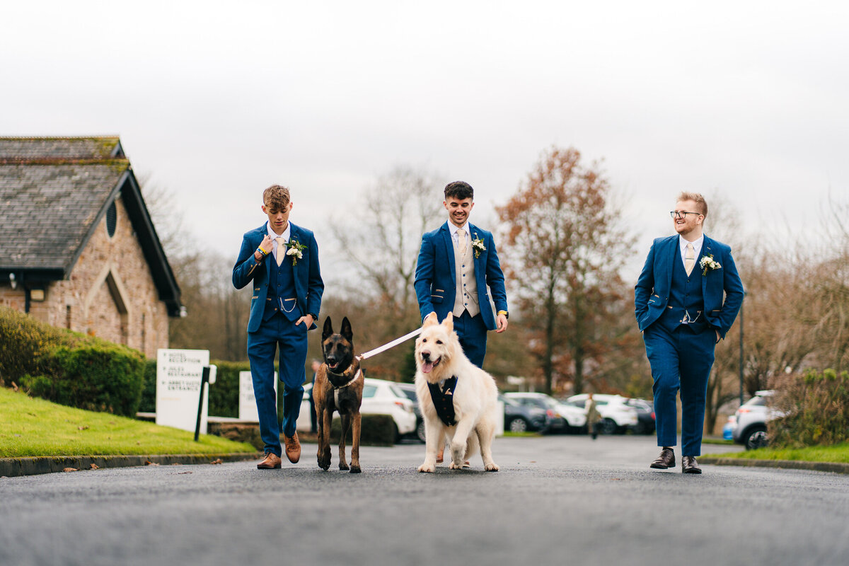 Groom walking the dogs before his wedding ceremony at Mytton Fold, picture taken by Anthony Horseman Photography and Film