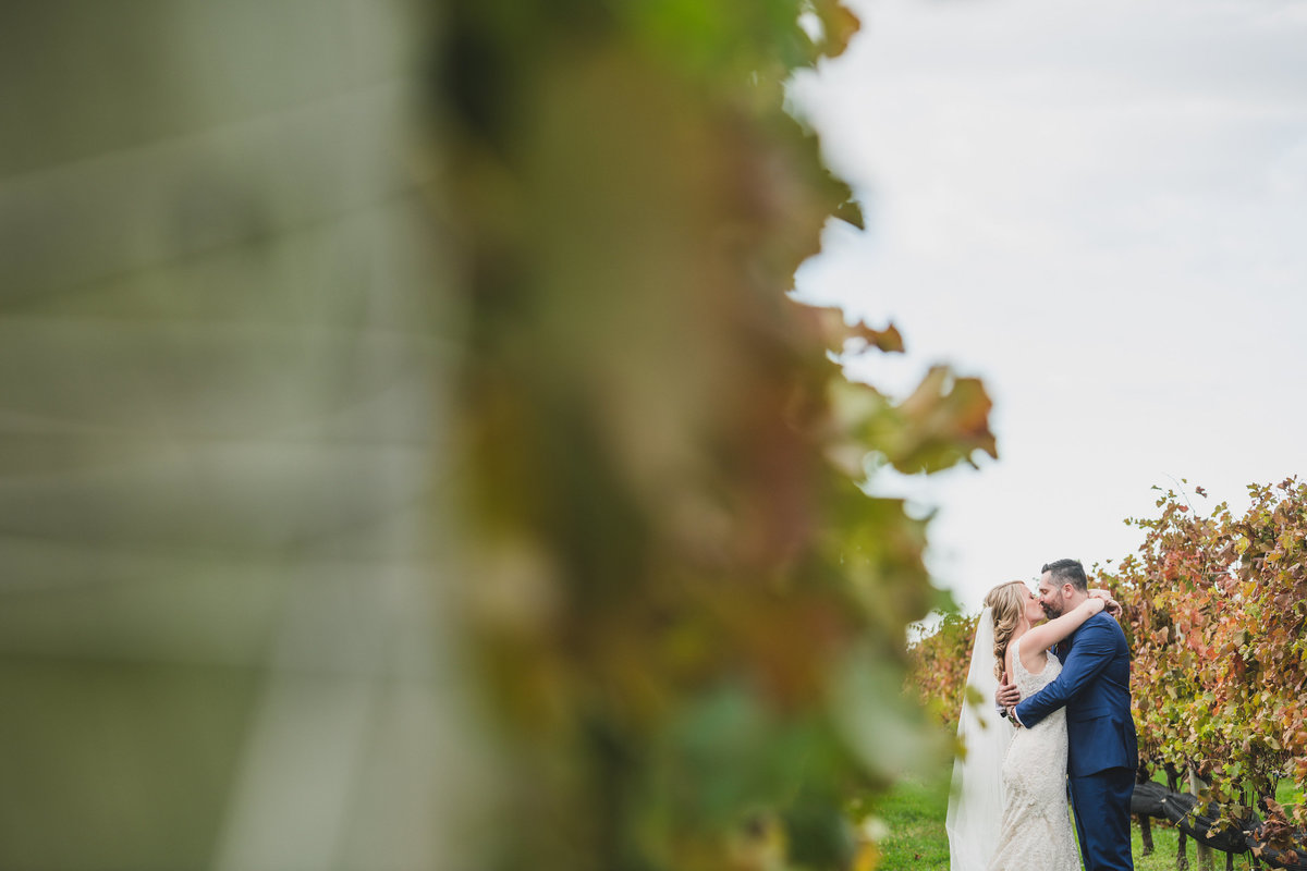 distant photo shot of bride and groom kissing in the vineyards from wedding at The Vineyards at Aquebogue