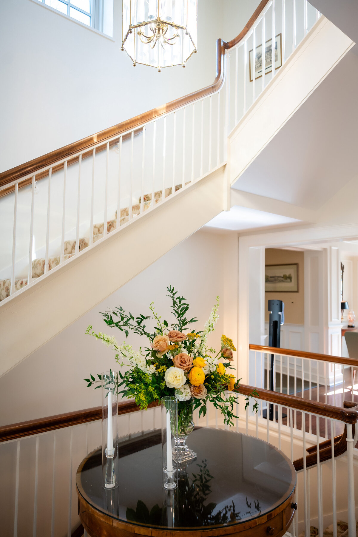 staircase on wedding day at pittsburgh golf club