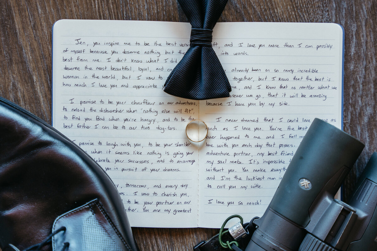 Wedding rings displayed on camera lens with flowers
