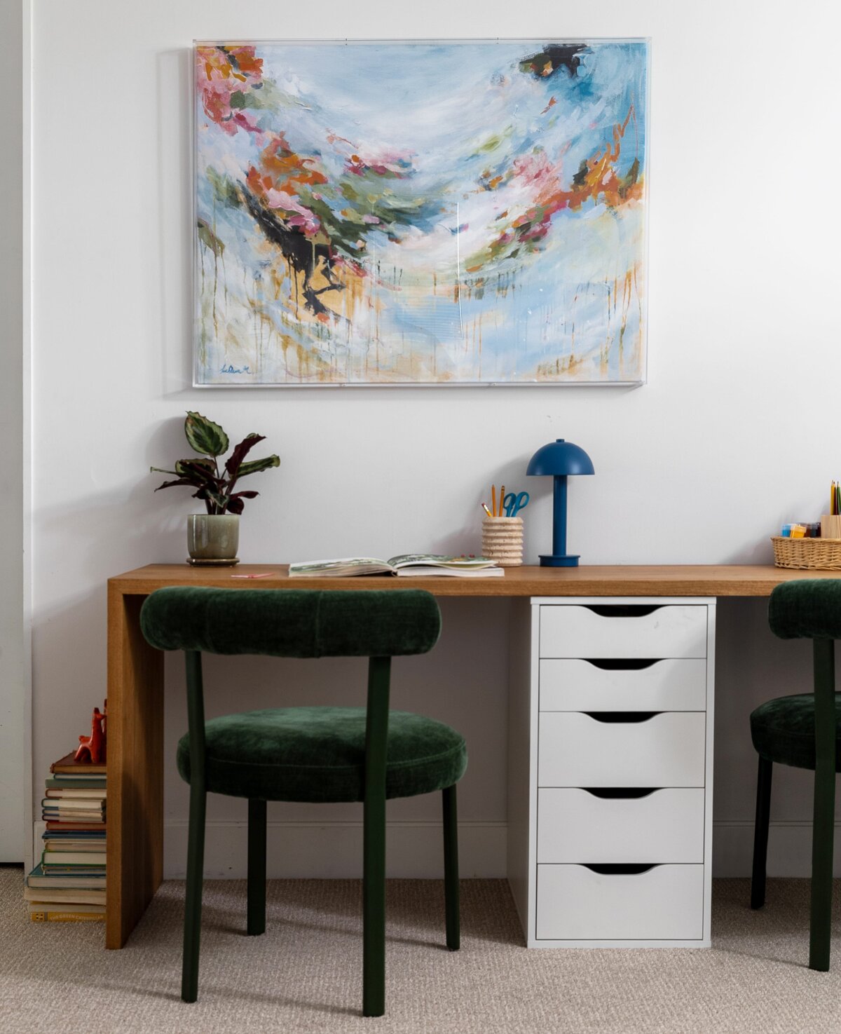 rebekah nicole interiors arbor media room desk with abstarct painting on wall