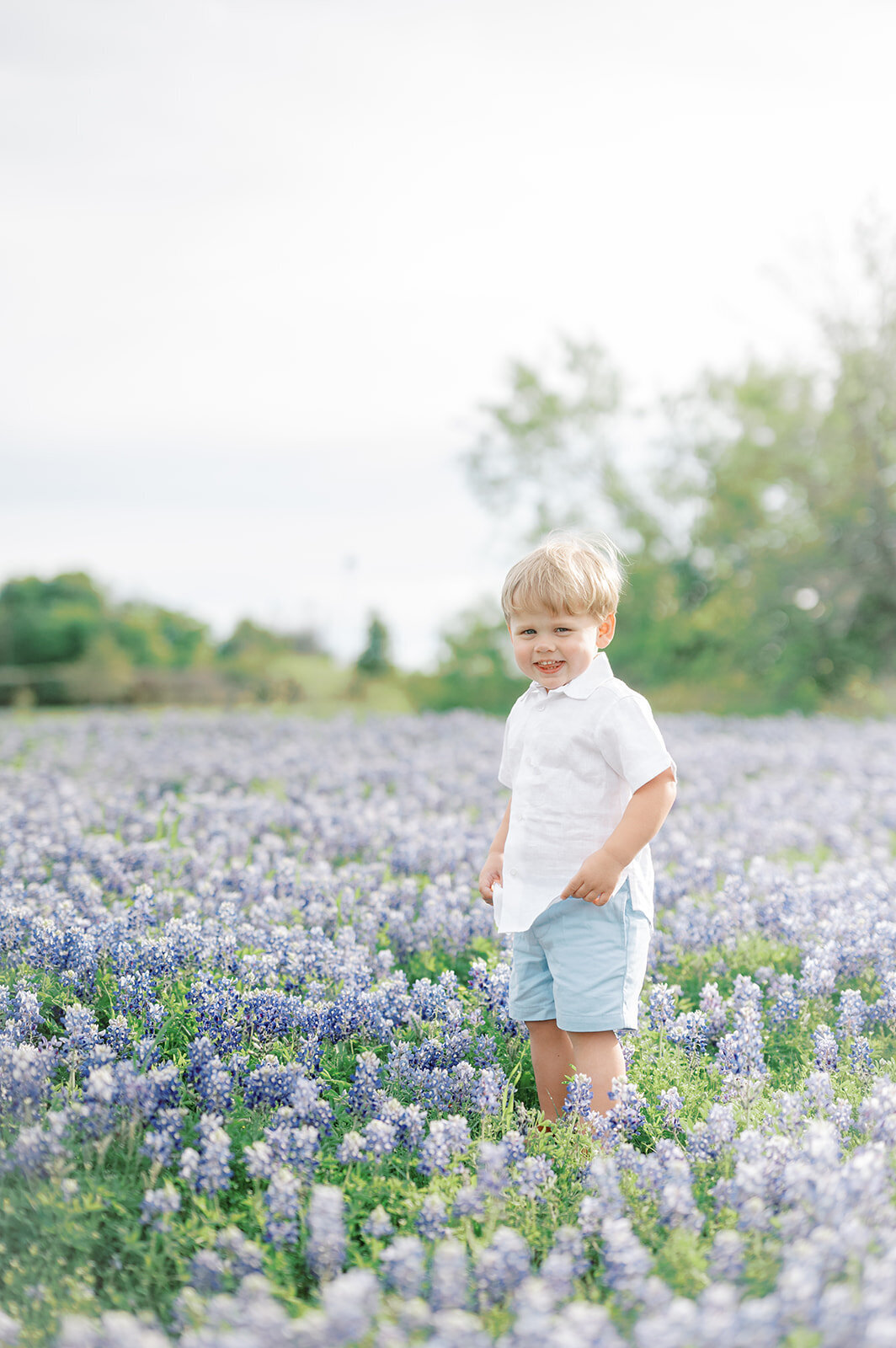 A young boy dressed in a white shirt and denim shorts standing in a field of Texas bluebonnets, captured in soft natural light.