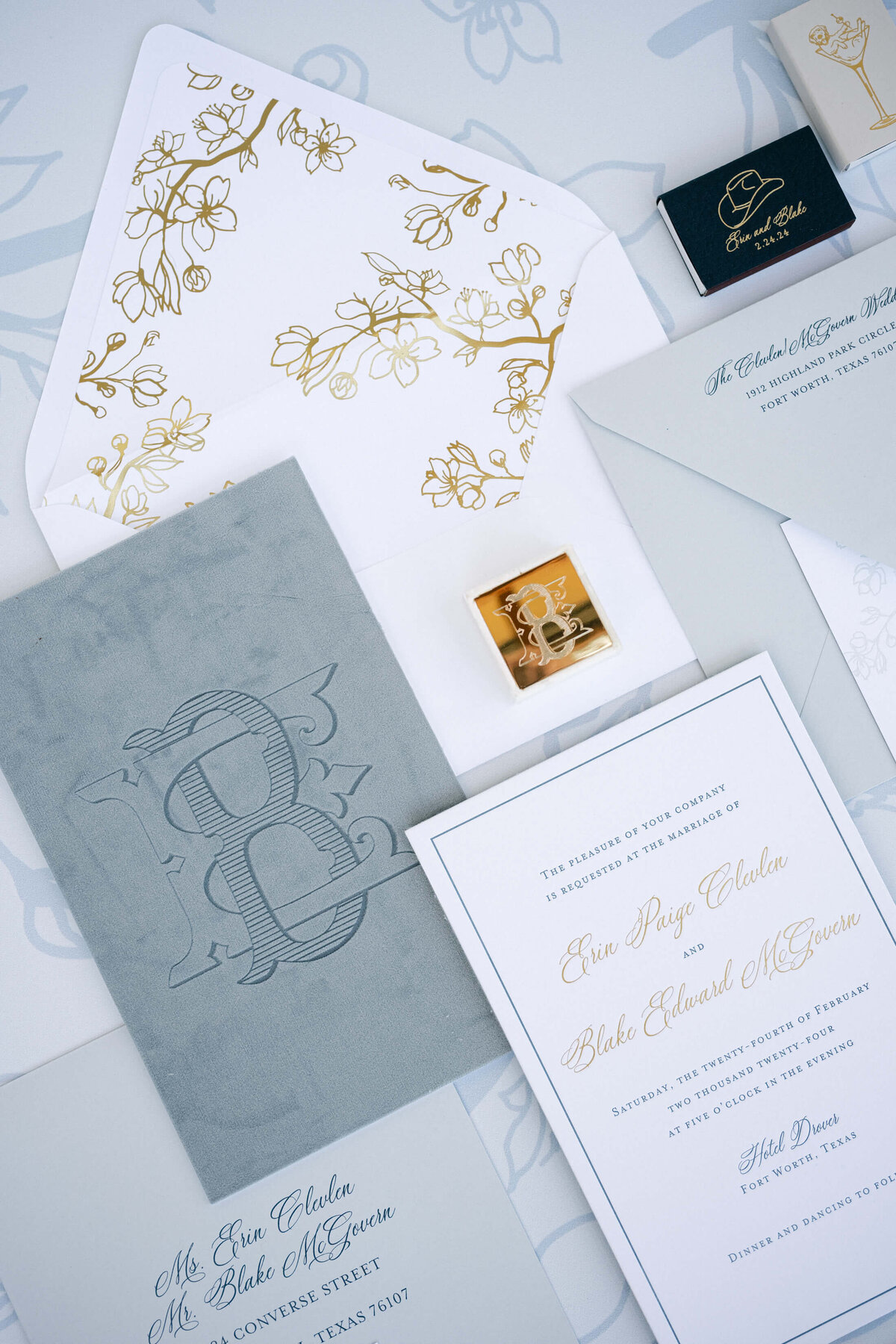 Gray and blue wedding invitations with gold foil by Southern Fried Paper