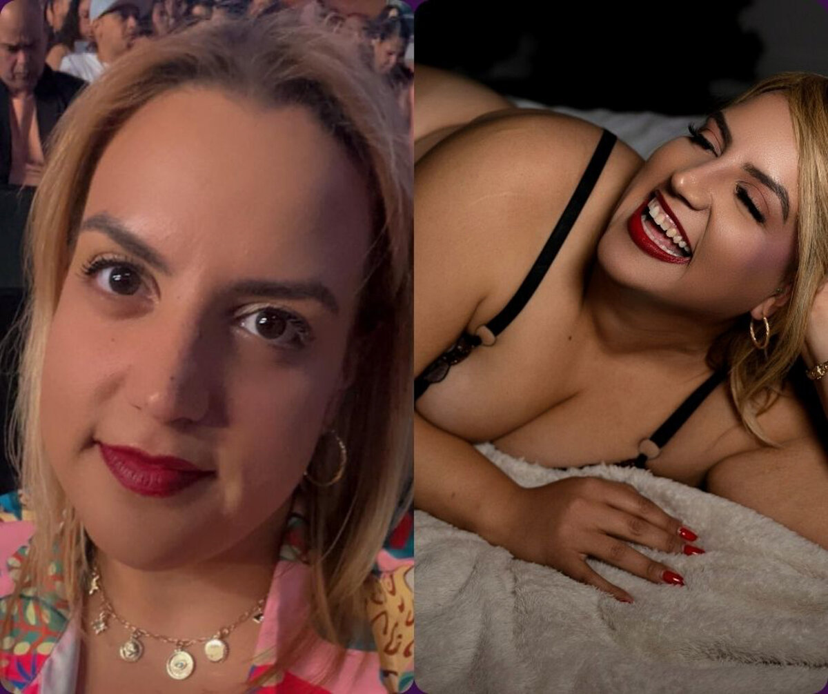 A woman lays on a bed laughing in a black bra next to her smiling in a pink blouse