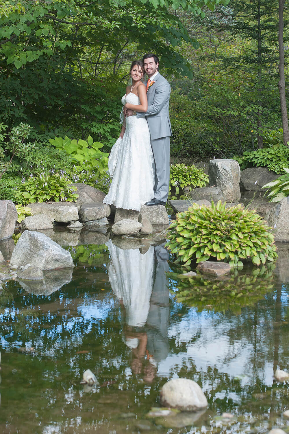 Anderson Japanese Gardens reflection in pond Rockford Wedding Photography