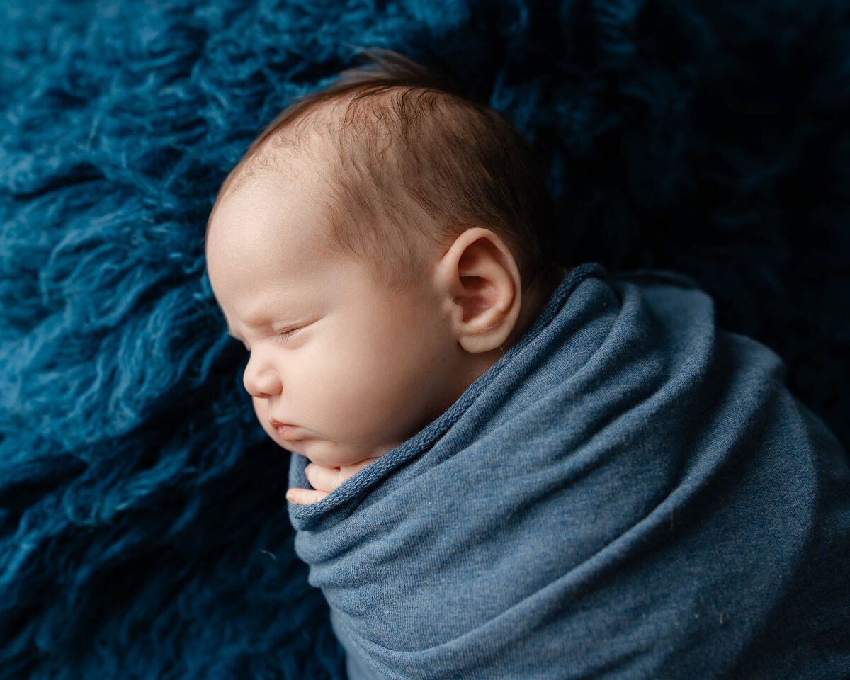 Studio portrait of a baby boy swaddled in cozy blue, creating a calming and timeless image. Captured by Inland Empire newborn photographer Kaitlyn Dawn.