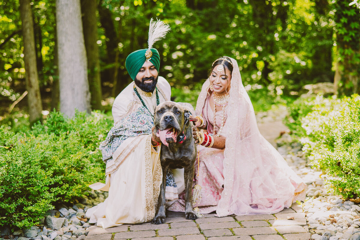 A sikh couple after their wedding at sayen gardens in nj petting their dog