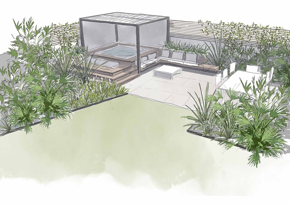 Esquisse d'une terrasse avec spa dans un jardin