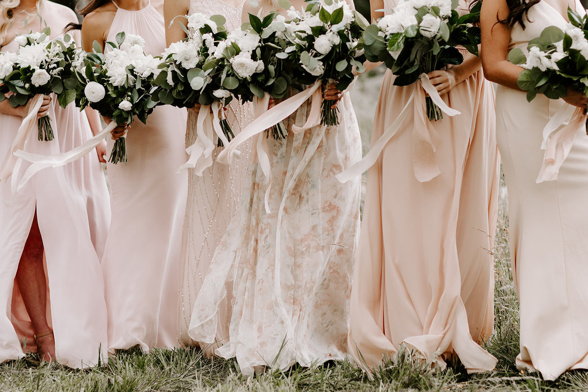 Tahoe Wedding Planners bridesmaids white bouquets in blush dresses at venue Mitchell's Mountain Meadows Sierraville near Truckee, Joy of Life Events image by The Shepard Photography