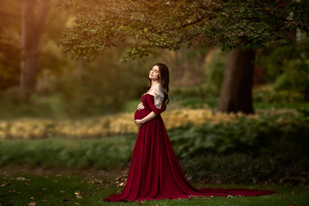 Grand Rapids Maternity Photography Outdoor Session with Red Dress By For The Love Of Photography