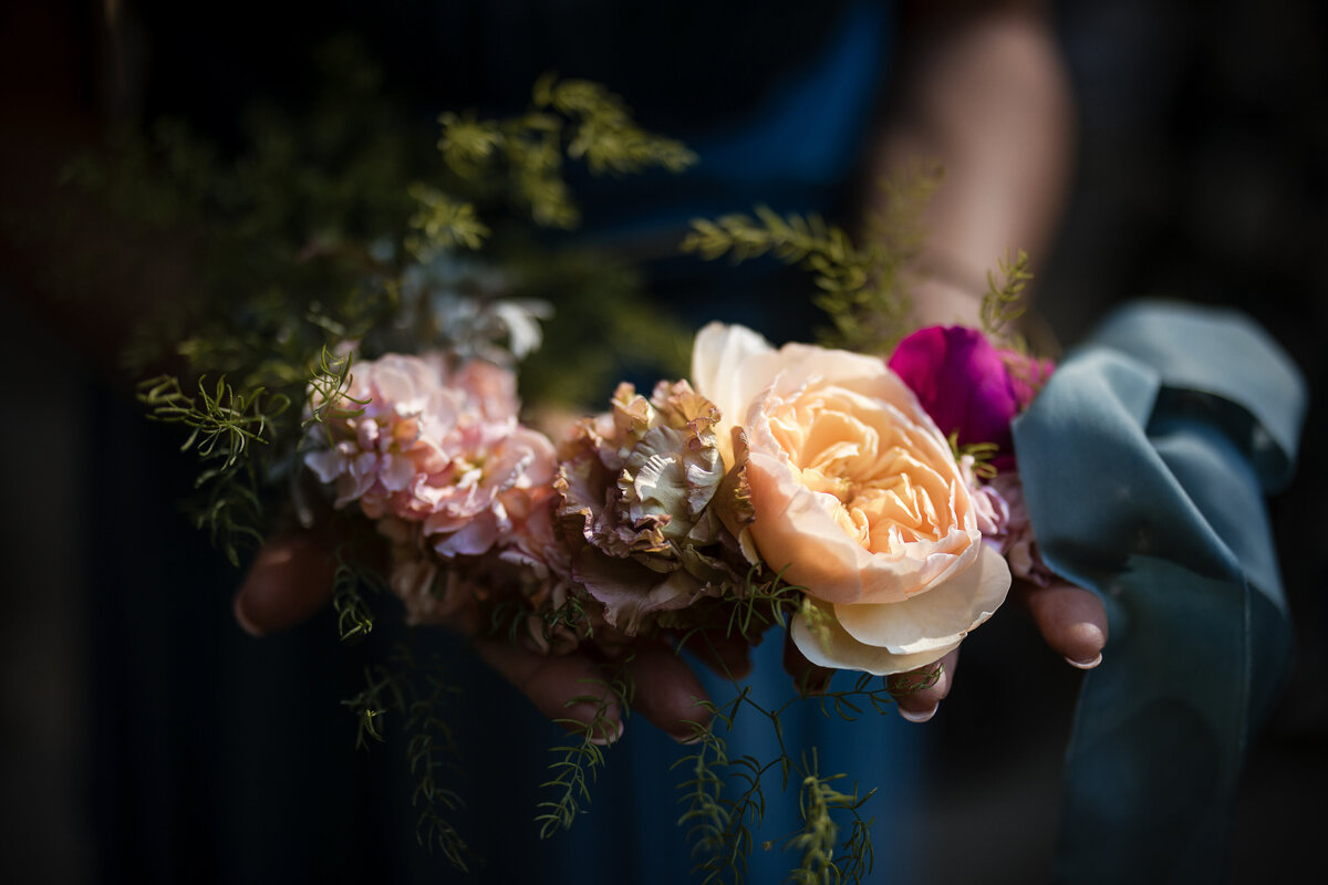 Wedding flowers in the sunlight at a destination wedding at Nestldown in Los Gatos, California